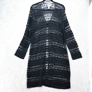 Chico's Design Cardigan Womens L Large‎ Black Crochet Open Knit Longline Duster